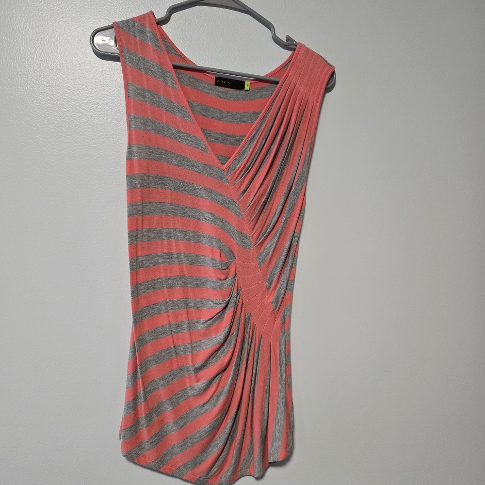 Women's Size S Area Stretchy Orange Gray Striped V-Neck Sleeveless Blouse